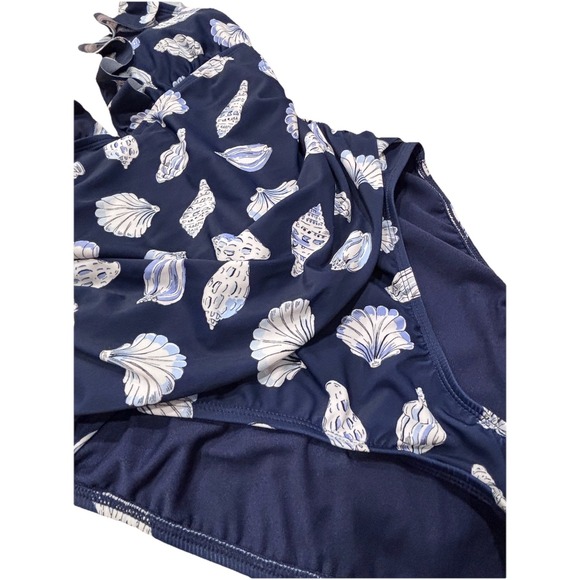 Ellen Tracy One Piece Swimsuit Sz 10 Navy Ruched Ruffle Strap Seashells - Picture 3 of 9